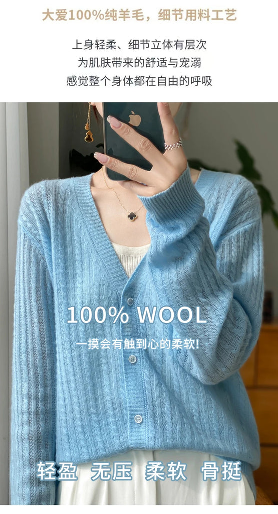 Women's V-Neck 100% Wool Cashmere Cardigan Women's Knit Sweater Spring and Autumn Super Soft Loose Large Size Long Sleeve Shirt