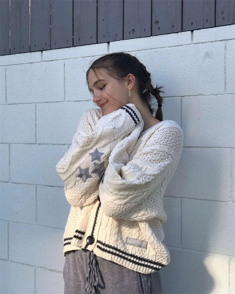Deeptown Vintage Beige Swift Knit Cardigan Women Y2K College Oversize Star Embroidery Sweater Folklore Knitted Jumper Korean