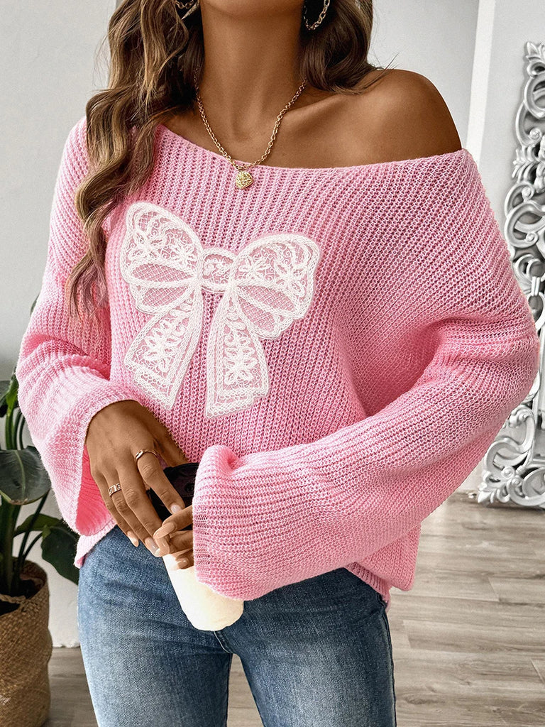 Women Autumn Knit Sweater Sweet Bowknot Patchwork Long Sleeve Crew Neck Pullover Tops Fall Winter Warm Casual Soft Cozy Knitwear