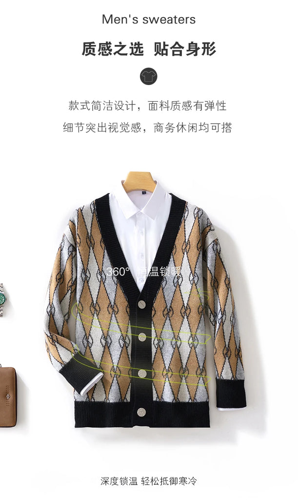 New 100% Wool Knitted Cardigan In Autumn And Winter Men's V-Neck Color Matching Diamond Plaid Sweater Casual Cashmere Coat