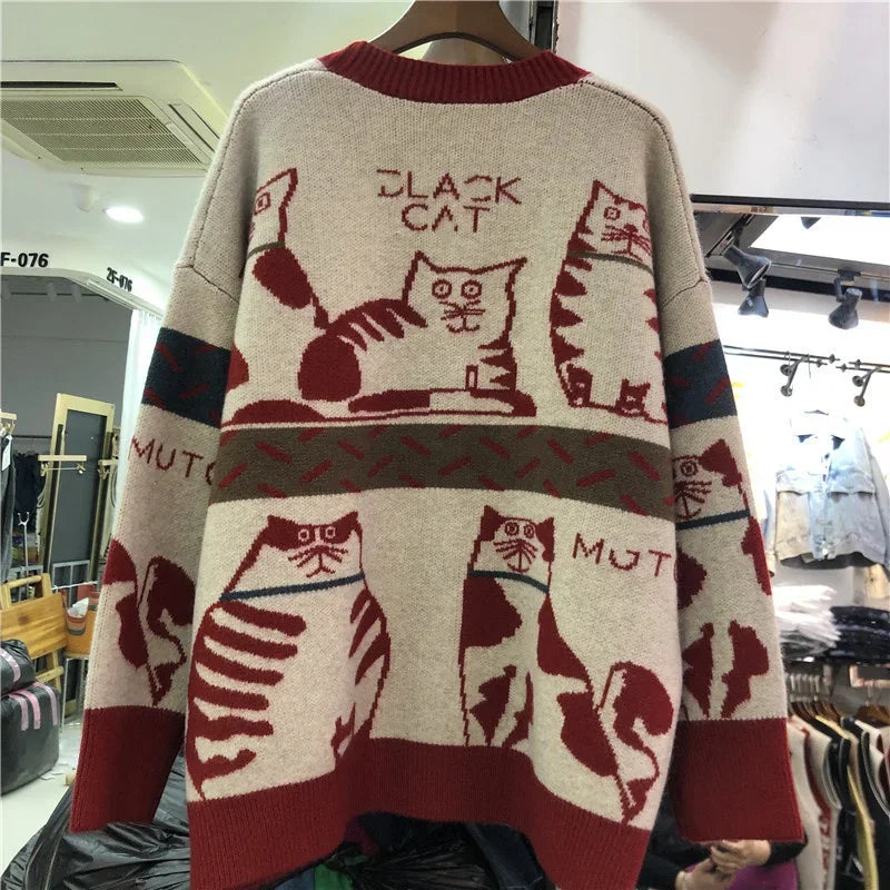 Fall Women Clothing Cute Cartoon Cat Crochet Floral Cardigan Oversized Outwear Korean Knit Sweater Coat Pull Femme