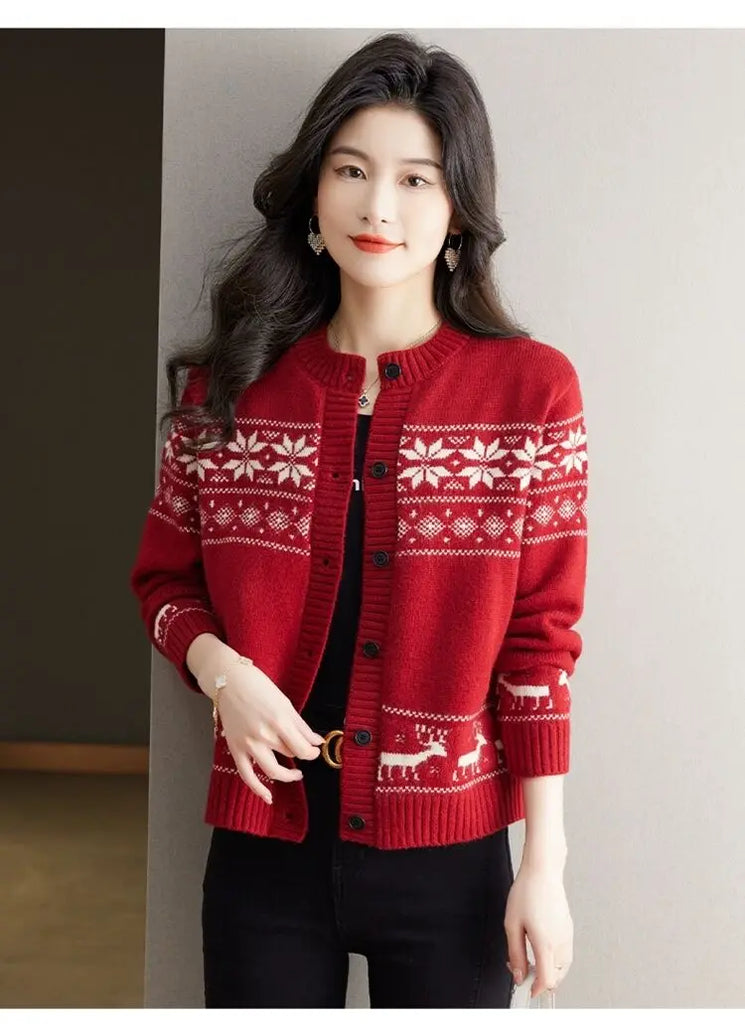 Autumn Winter Vintage Jacquard Loose Knitted Cardigan O-neck Single Breasted Contrast Sweaters Office Lady Fashion Chic Tops