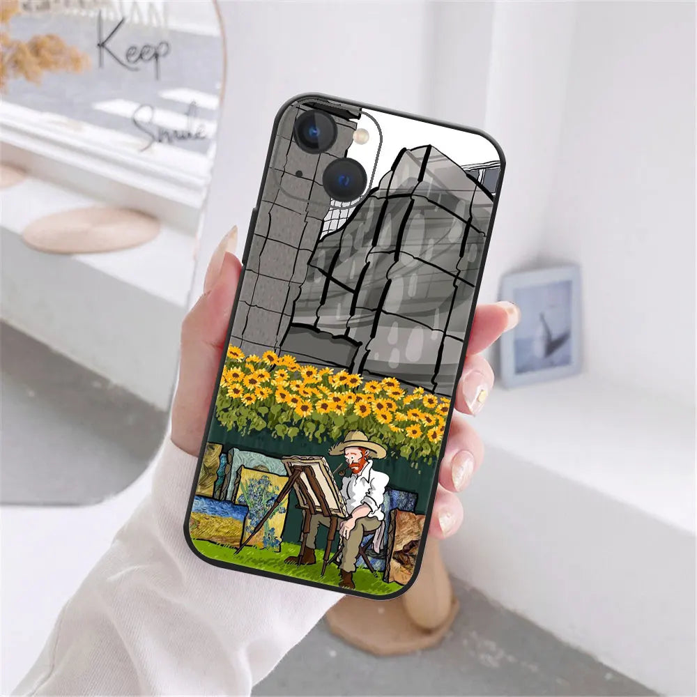 Art Van Gogh Starry Sunflower Phone Cover For iPhone 11 12 13 14 15 16 Pro Max X XR XS Max 15 16 Plus Black Soft Silicone Case