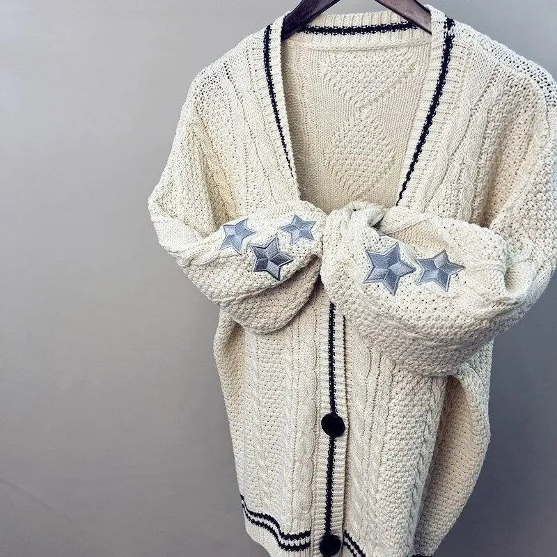 Deeptown Vintage Beige Swift Knit Cardigan Women Y2K College Oversize Star Embroidery Sweater Folklore Knitted Jumper Korean