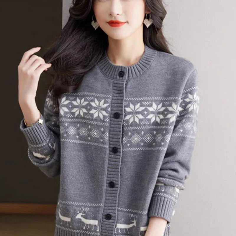 Autumn Winter Vintage Jacquard Loose Knitted Cardigan O-neck Single Breasted Contrast Sweaters Office Lady Fashion Chic Tops