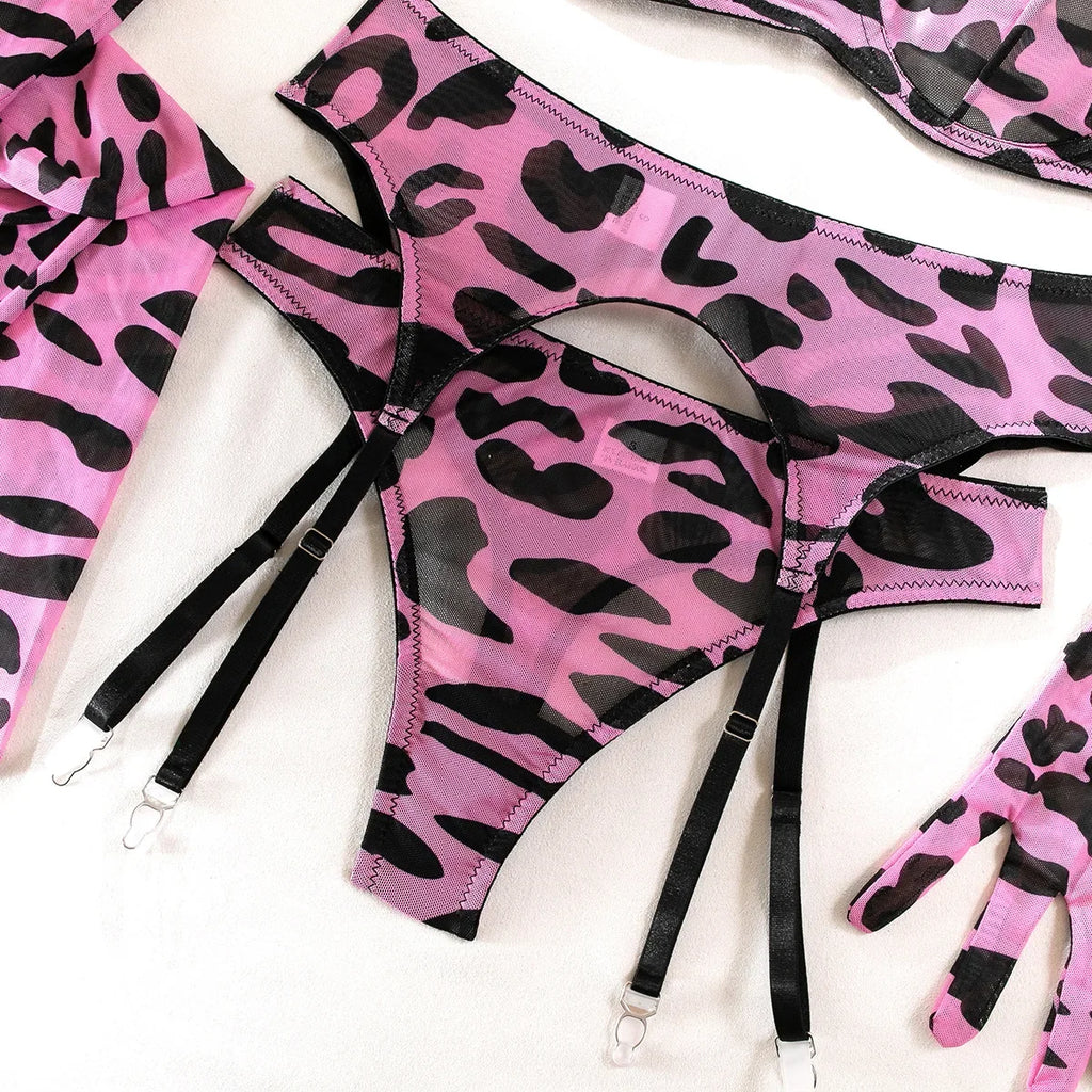 Sexy Pink Leopard Printed Bra Gloves Leg Socks Lingerie Set Women's Perspective Comfortable Mesh Exotic Apparel Underwear Suit