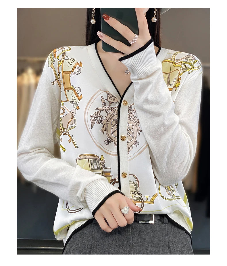 Spring And Autumn New Wool Coat Jacket Women's Long Sleeve Wide V-Neck Printed Stitching Sweater Thin Cardigan