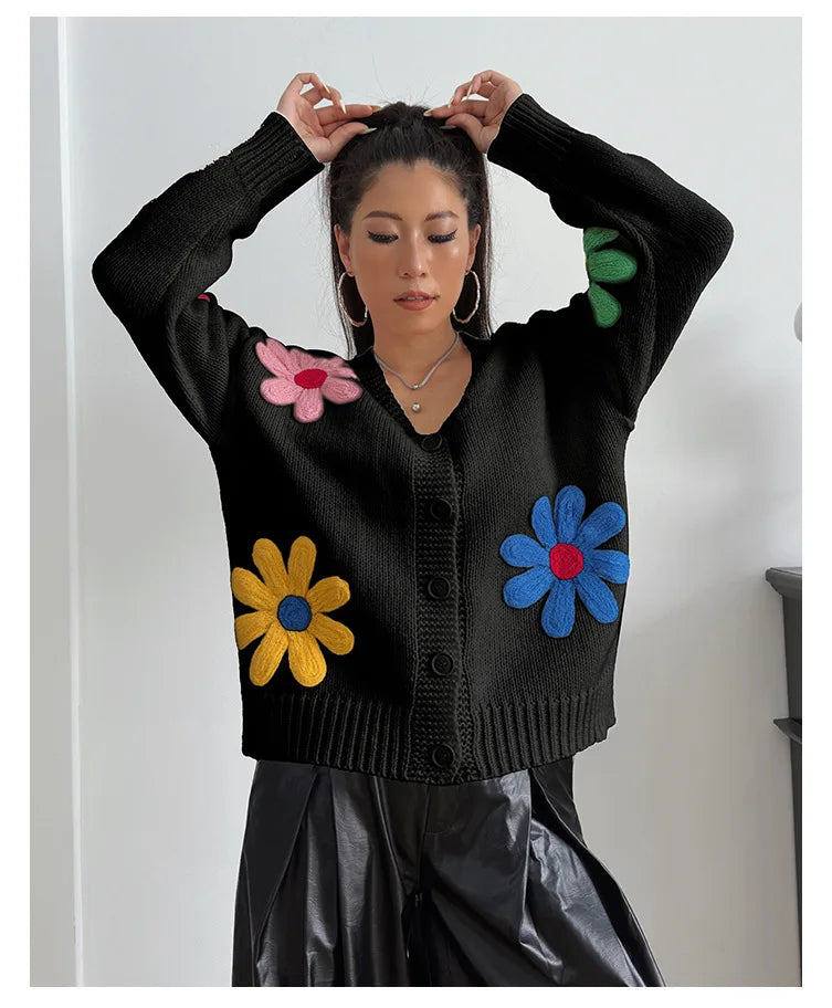 Women Loose-fit Embroidered Flower Cardigan Sweater Thick Casual Open Front Cardigan for Autumn and Winter 2024