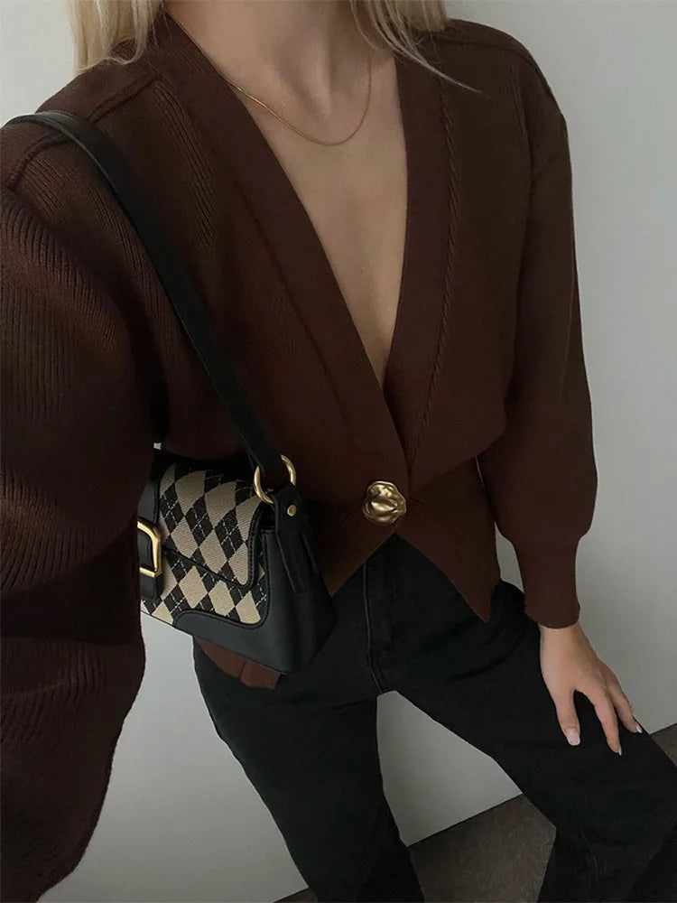 Elegant Brown One Button Knitted Cardigan For Women Solid V Neck Long Sleeve Loose Sweater 2024 Autumn Female High Streetwear