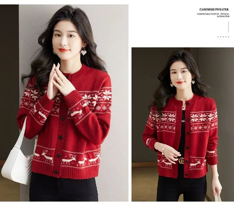 Autumn Winter Vintage Jacquard Loose Knitted Cardigan O-neck Single Breasted Contrast Sweaters Office Lady Fashion Chic Tops