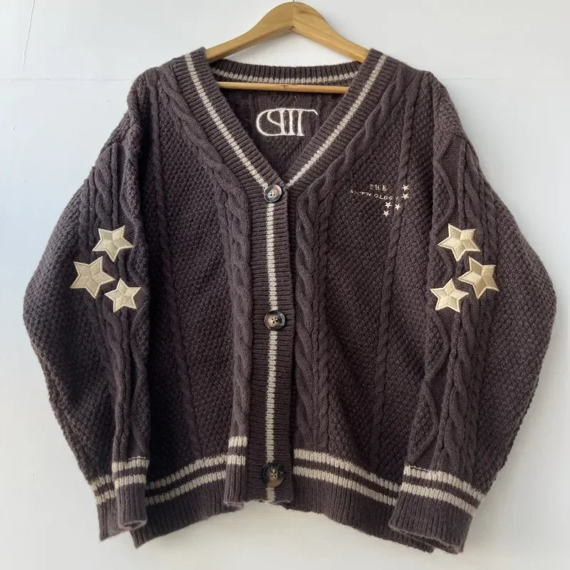 2024 Black Cardigans with Stars Embroidered Female Autumn Winter Knitted Cardigan Women Warm Soft Loose Sweaters Jumpers Tops