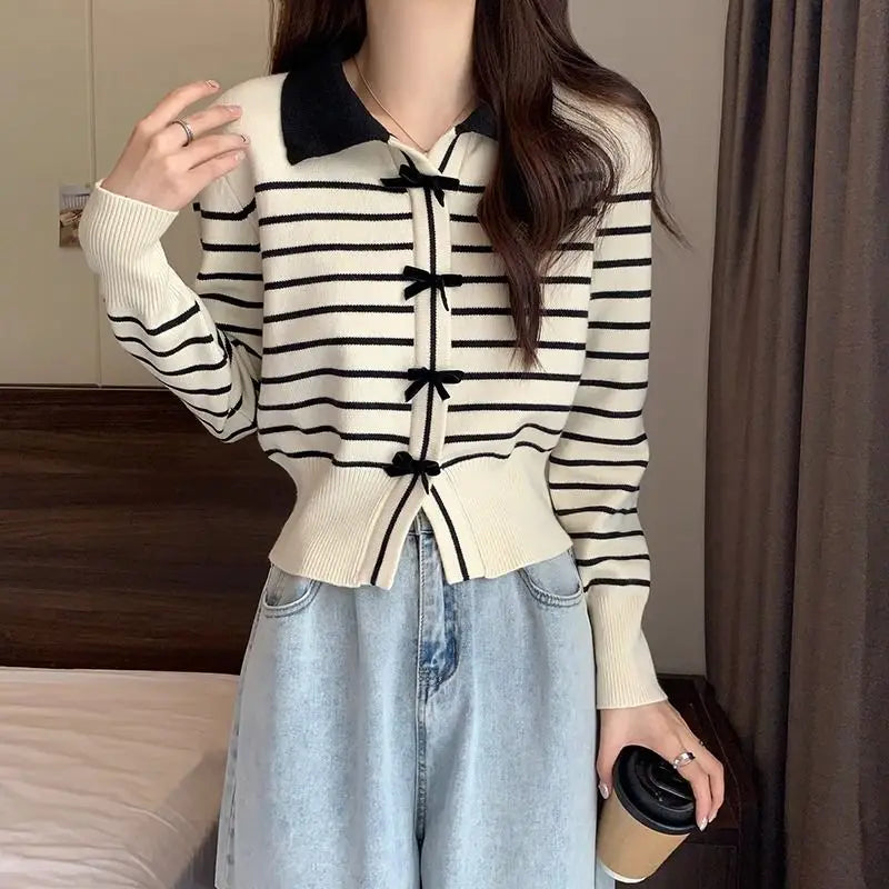 Sweet Cardigan Women Striped Bow Turn-down Collar Knitting Sweater Autumn Preppy Style Fashion Design Girls Outwear Casual Tops