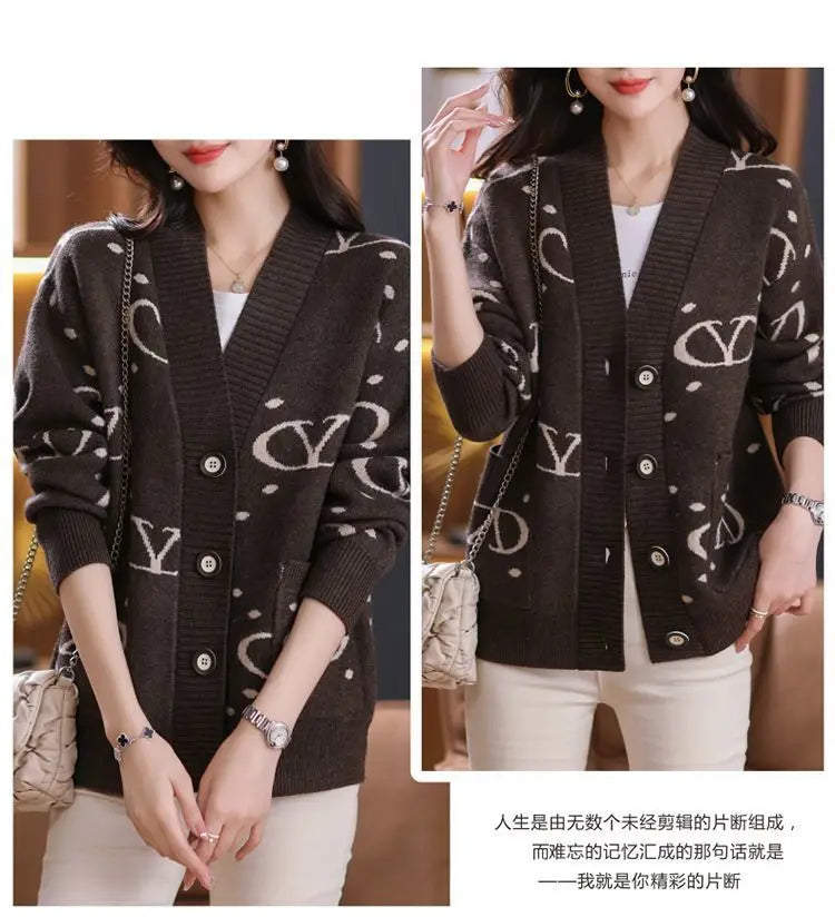 2024 New Korean V-neck Long Sleeve Knitting Cardigan Autumn Winter Thick Oversized Loose Letter Sweater Coat Ladies Vintage Tops