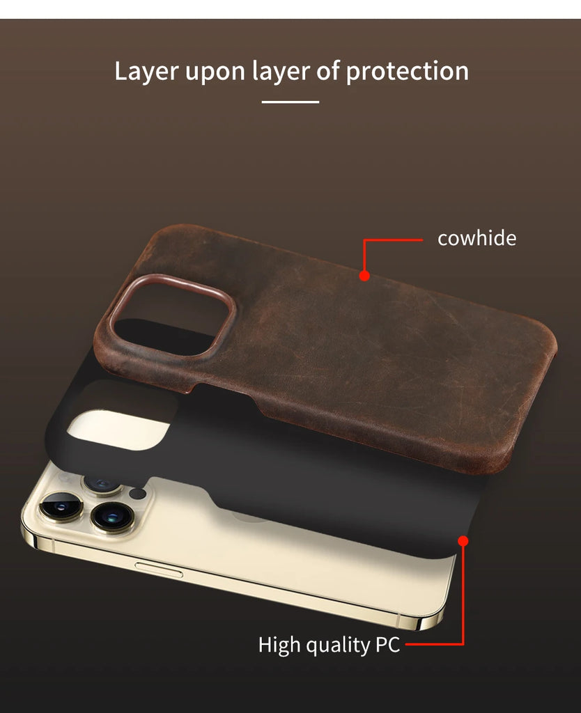 Retro Cowhide Phone Case for iPhone 16 15 13 14 Pro Max 16Pro 14Pro 15Pro Luxury Crazy Horse Genuine PULL-UP Leather Back Cover