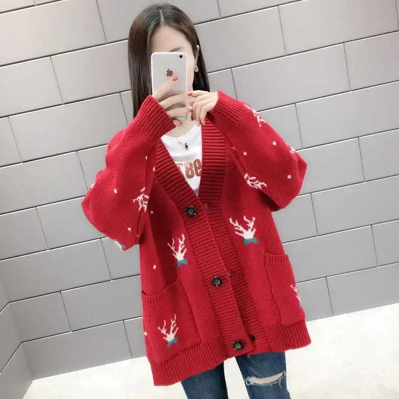 Spring Autumn Winter Oversized Sweater Coat Women Clothes Loose Mid Length Top Printing Knitting Cardigan Warm Top Tee Women's