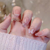 24Ps/Set Medium Long French Fake Nails Bow Japan Nude Pink with Pearls Artificial Acrylic Press on Nails Removable Stick on Nail