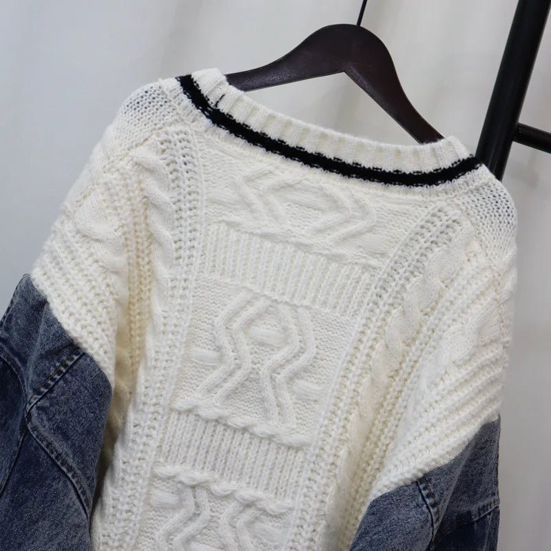 [EWQ] Big Size Fashion Style V-neck Denim Spliced Knitted Sweater Cardigan Loose Women’s Clothing Winter 2024 Autumn New 16O1104