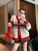 Women Fashion Striped Jacquard Thick Warm Soft Sweaters Autumn Winter New Vintage Loose O-neck Casual Red Knitted Cardigan