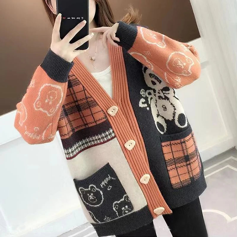 Student Kawaii Pattern Single Breasted Outerwear Knitted Sweater Women Fall Winter Casual Loose Long Sleeve Street Cardigan Coat