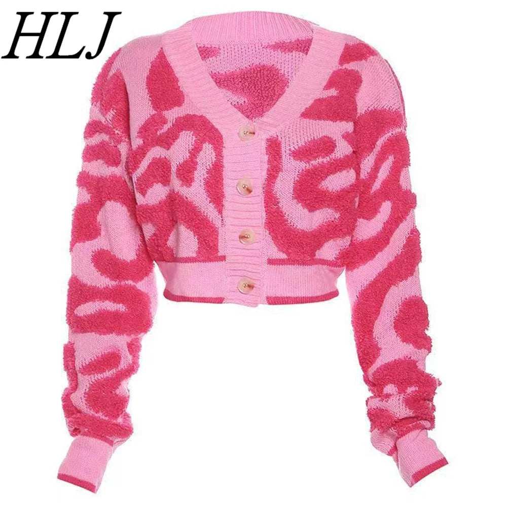 HLJ Fashion Sweet Patchwork Knitting Slim Crop Tops Women V Neck Long Sleeve Button Print Coats Autumn Female Sweater Cardigan