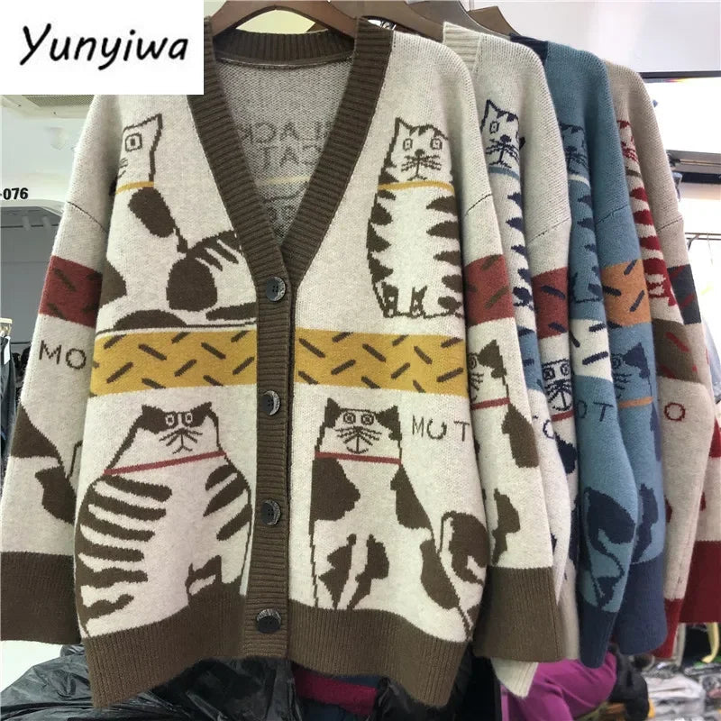 Fall Women Clothing Cute Cartoon Cat Crochet Floral Cardigan Oversized Outwear Korean Knit Sweater Coat Pull Femme