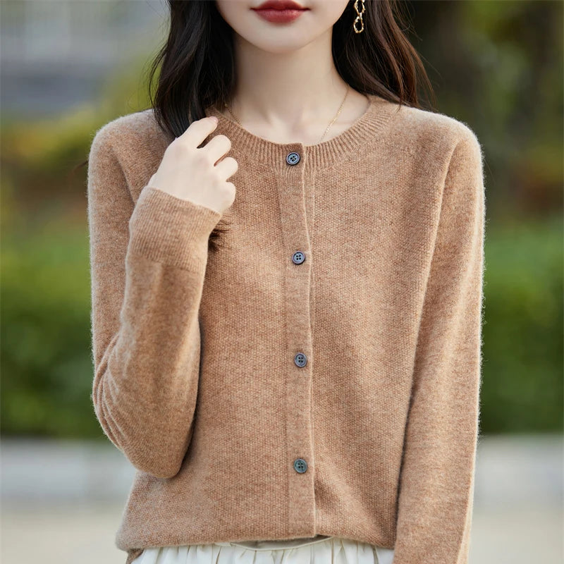 2024 Autumn  Winter Knitted Round Neck Cardigan Women's Wool Sweater Women's 100% Wool Korean Version Loose Top Cashmere Jacket