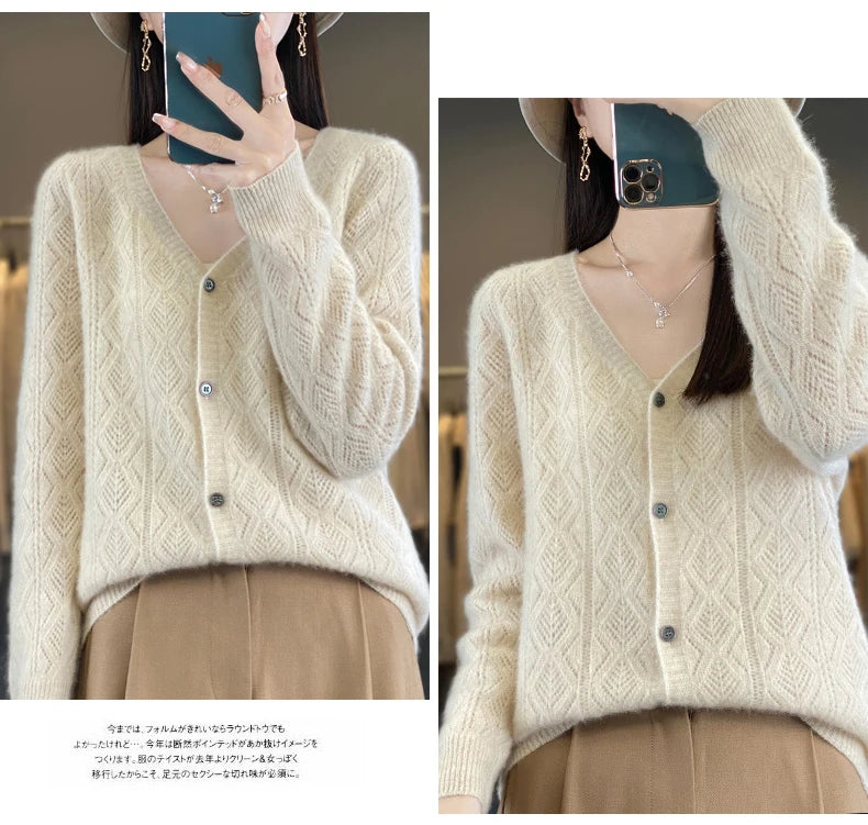 Women's V-Neck Spring and Autumn 100% Wool Cashmere Cardigan Women's Knit Sweater Super Soft Loose Large Size Long Sleeve Shirt