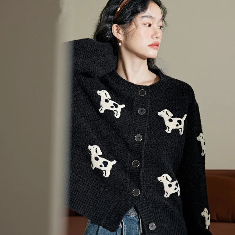 Korean Cute Dog Printed Black Cardigans Women Round Neck Knit Cardigan Sweater Woman Autumn Winter Single Breasted Short Coats