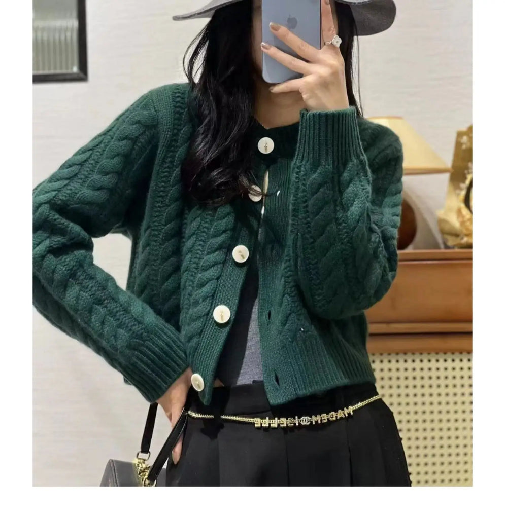 Women's Pure Cashmere Wool Sweater Round Neck Twists Short Cardigan Autumn Winter Casual Knit Top Female Thickened Warm Jacket