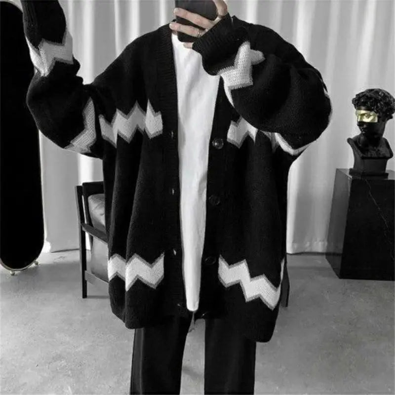 Knit Cardigan Man Black Sweater for Men Contrasting Colors Coats Loose Designer Top Korean Reviews Clothes Open Y2k Fit Casual