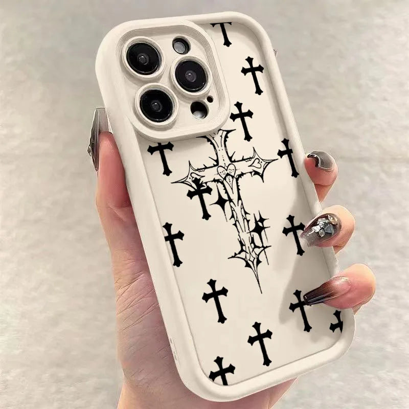 Luxury Black Cross Print Phone Case for iPhone 15 14 13 12 11 Pro Max Mini XR XS MAX 7 8 Plus SE2022 Shockproof Soft Funda Cover