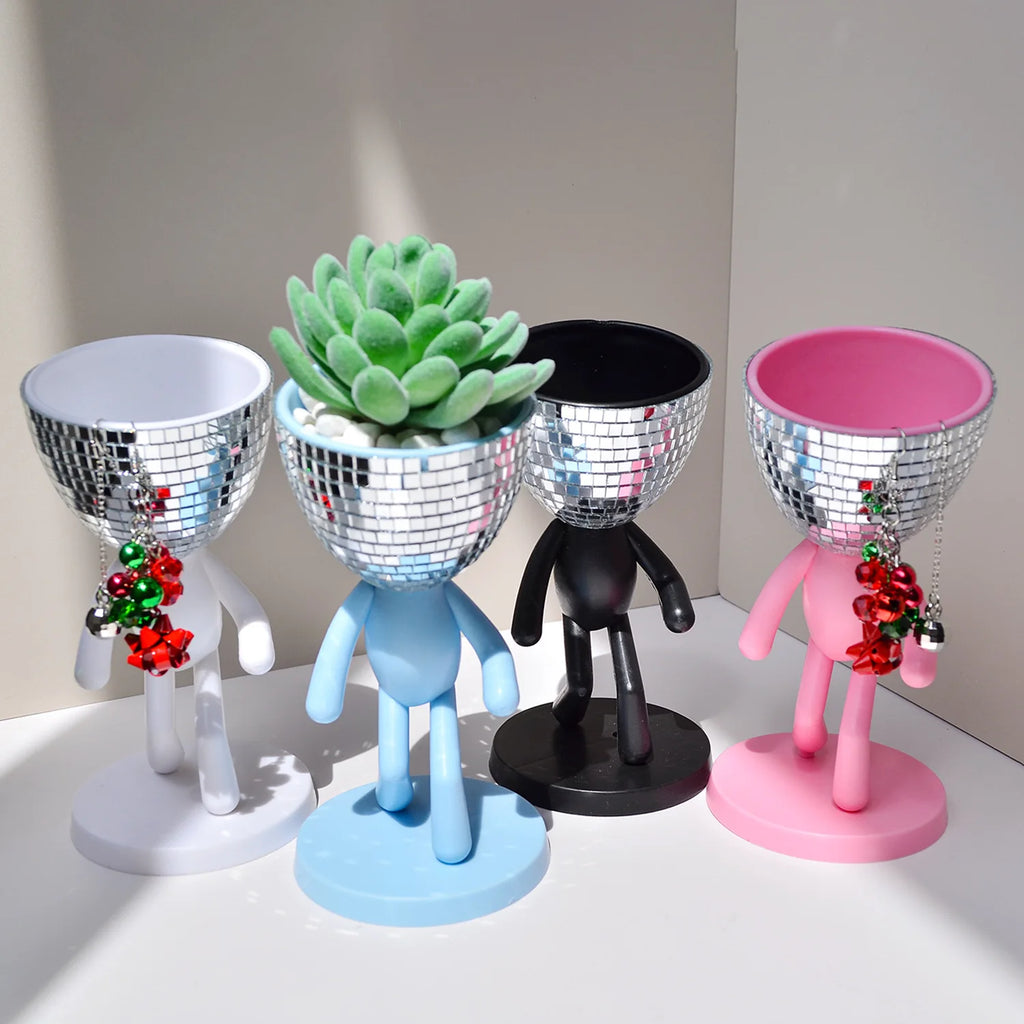 Disco Ball Flower Planter Creative Succulent Planter Pot Walking Man Figurine Flower Plants Vase Container Home Garden Decor