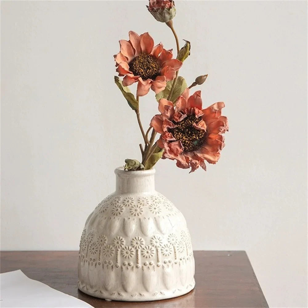 European Vintage Small Ceramic Vase, White Desk Decorative Flower Vase, Creative Flower Print Space Artwork, Home Decoration