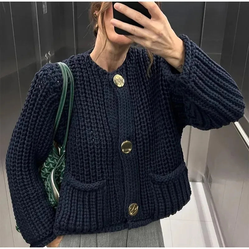 2024 O Neck Single-breasted Knitted Cardigan For Women Casual Pocket Long Sleeve Sweater Autumn Fashion Lady Streetwear Knitwear