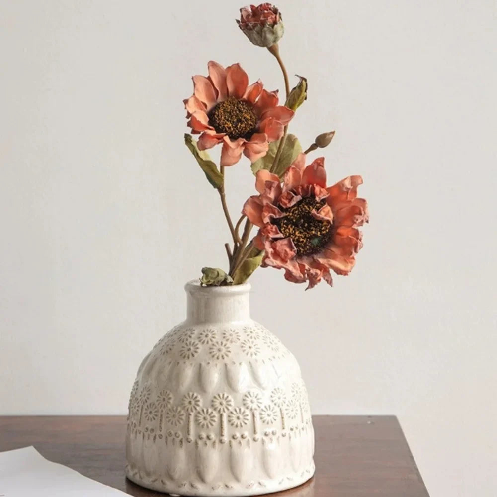 European Vintage Small Ceramic Vase, White Desk Decorative Flower Vase, Creative Flower Print Space Artwork, Home Decoration