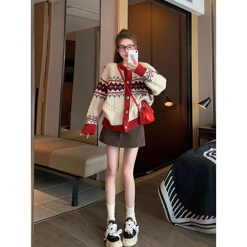 Women Fashion Striped Jacquard Thick Warm Soft Sweaters Autumn Winter New Vintage Loose O-neck Casual Red Knitted Cardigan