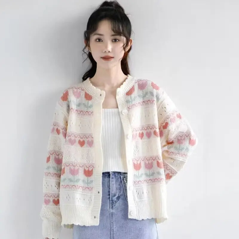 Women Autumn Sweet Kawaii Loose Hollow Out O-neck Long Sleeve Knitting Cardigan Coat Ladies Preppy Style All-match Knitwear