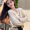 Autumn Winter Fashion Cartoon Embroidery Thick Wool Knitted Cardigan Women's Clothing Casual Loose V-neck Commute Lazy Sweaters