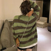 Retro V Neck Green Stripe Cardigans Women Korean Chic Single Breasted Sweater Jackets Woman Streetwear Y2K Long Sleeve Cardigan