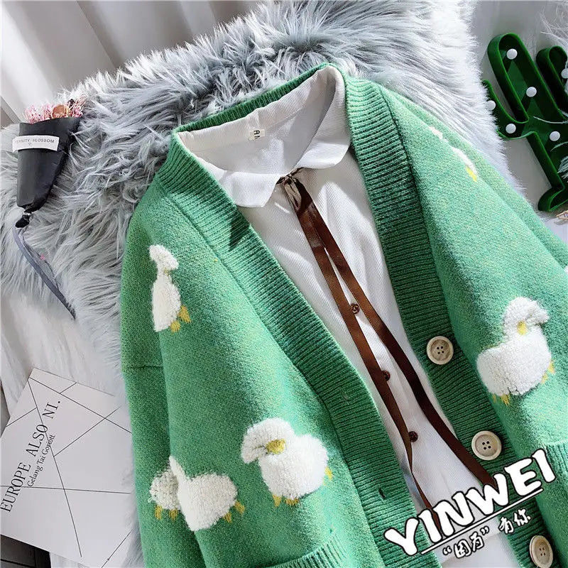 Spring Autumn Women V-Neck Kawaii Sheep Sweater Coat Korean Knitted Cardigan Female Casual Long Sleeve Loose Sueter Mujer Jacket