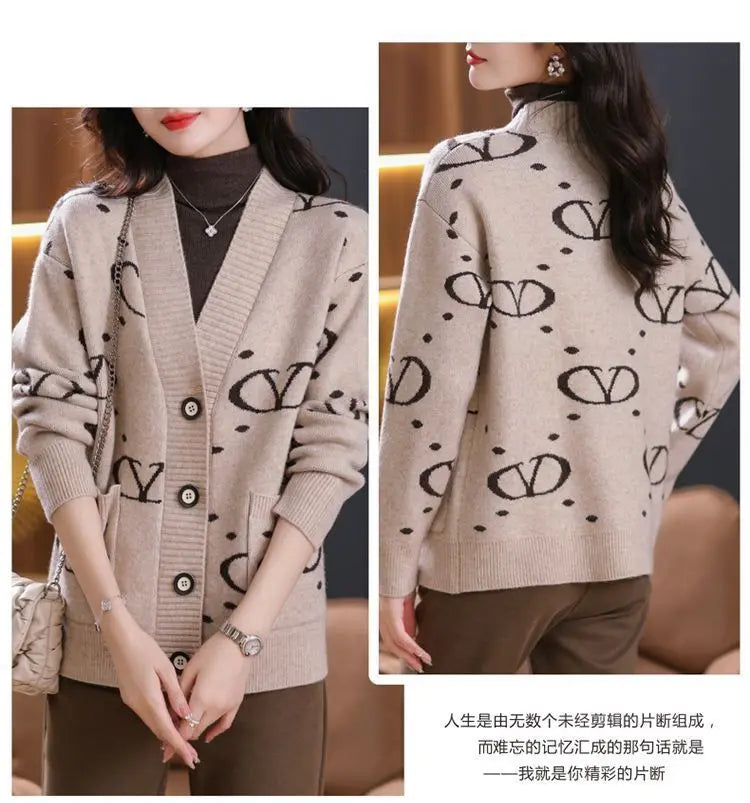2024 New Korean V-neck Long Sleeve Knitting Cardigan Autumn Winter Thick Oversized Loose Letter Sweater Coat Ladies Vintage Tops