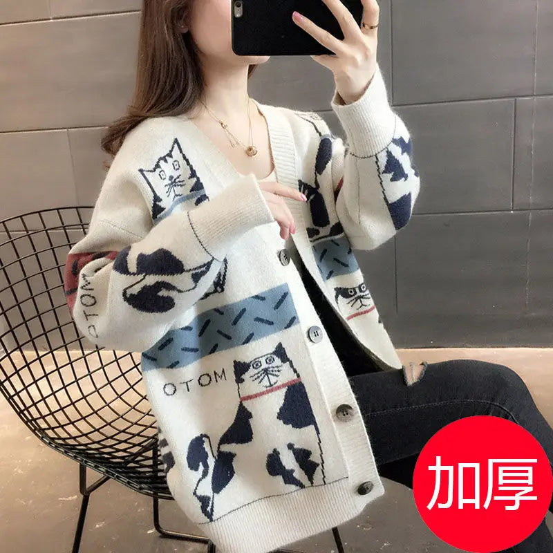 Cartoon V-neck Knitting Cardigan Coat Women Autumn Winter Fashion Loose Long Sleeve Sweater Casual All-match Trend Knitwear Tops