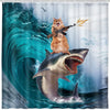 Funny Shower Curtain Brave Cat Holding Trident Arrow Riding Shark in Ocean Wave Whale Cat Shower Curtain Set Bathroom Decor Set