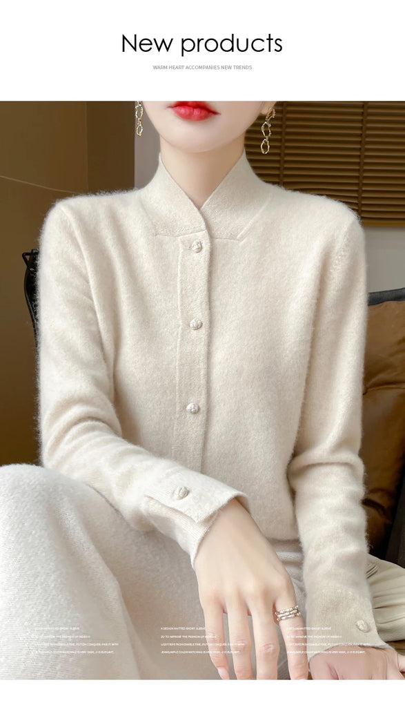 Women's Cardigan, Wool Knit Sweater, Stand Up Collar, Autumn Winter New Style, Long Sleeved Versatile, High-End Jacket, Slim Fit