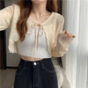 Summer Thin Outerwear Sun Protection Cardigan Ice Silk Knit Women Tops Bow Lace Up Short Suspender Skirt Shawl Airable Shirt