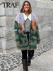 TRAF Fall Female Casual Printed Knitted Cardigan Colorful Loose V Neck Long Sweater High Street Fashion Woman's Vintage Coat