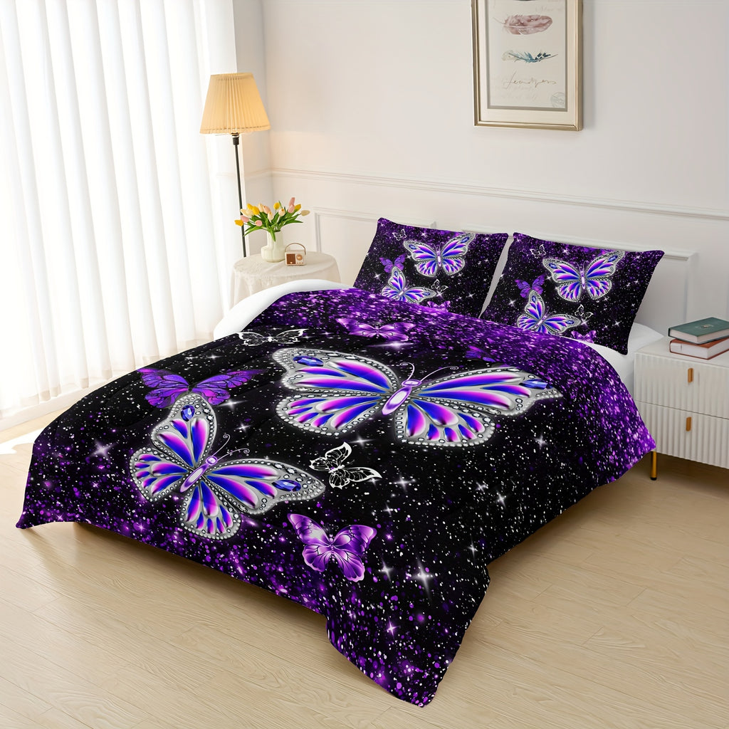 3Pcs Modern Fashion Polyester Comforter Set (1 * Comforter + 2 * Pillowcases, Pillow Core Not Included), Boho Mandala Butterfly Print Bedding Set, Soft And Comfortable Skin-friendly Comforter For Bedroom, Guest Room.