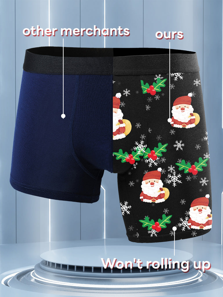 1pc Festive Christmas Cartoon Santa Print Men'S Boxer Briefs, Stretch Knit Polyester with Spandex Lining, Comfortable Breathable Holiday Underwear, No Waistband - Multiple Sizes Available