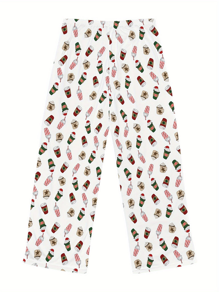 Women's Comfy Christmas Tree Print Wide-Leg Pants - Stretchy, Casual Sleepwear with Drawstring Waist, Machine Washable