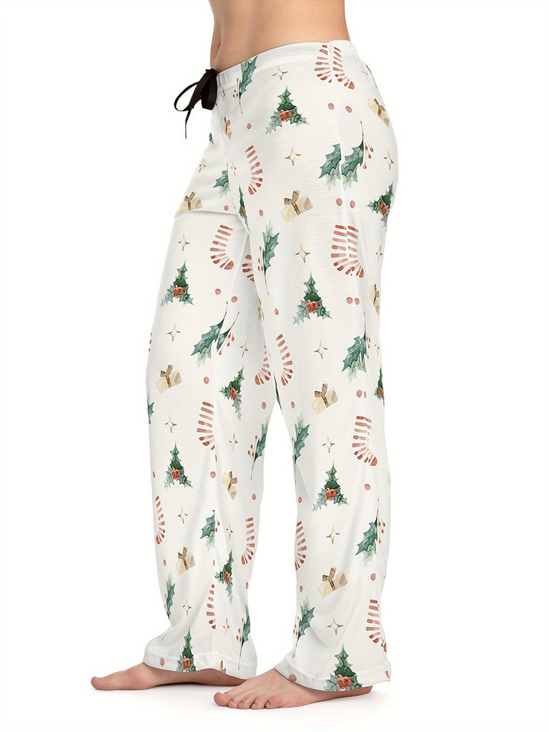 Women's Comfy Christmas Tree Print Wide-Leg Pants - Stretchy, Casual Sleepwear with Drawstring Waist, Machine Washable